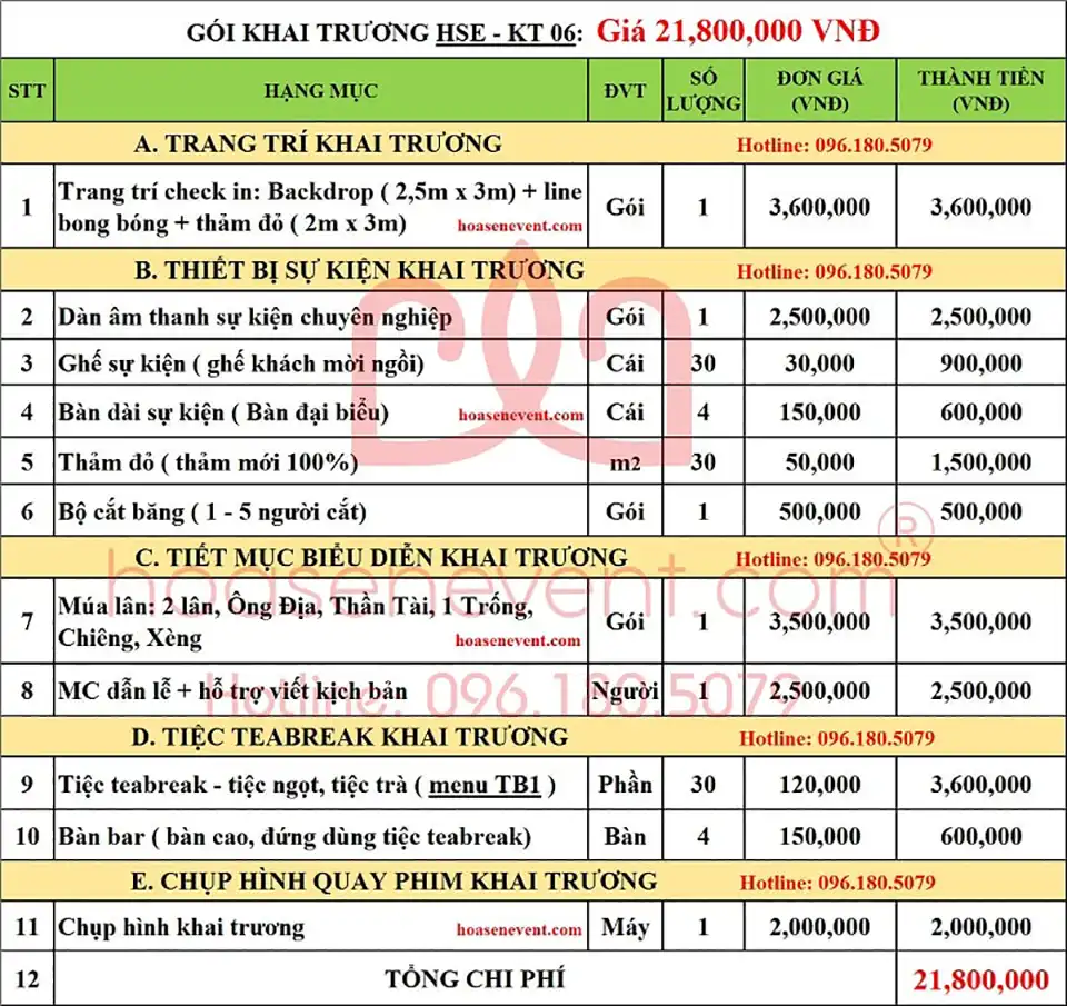 Dịch vụ tổ chức khai trương / Khánh thành gói HSE - KT06