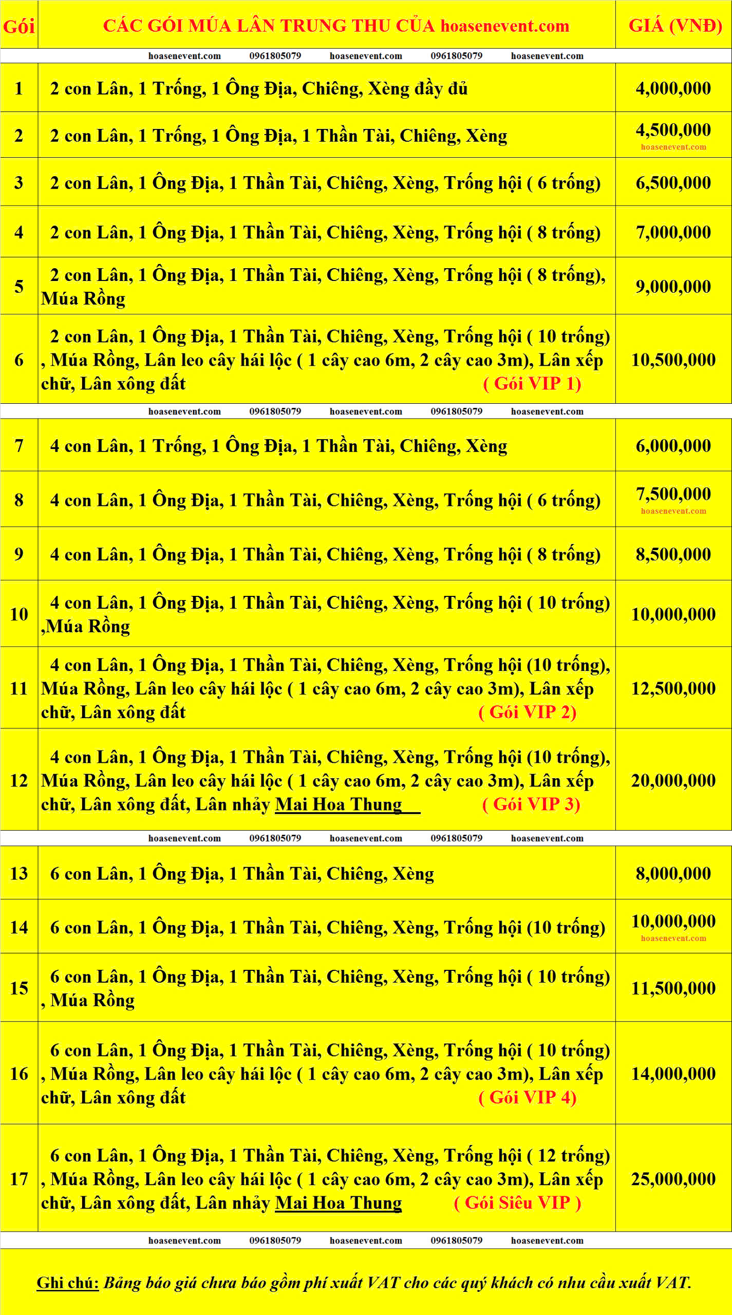 bảng giá các gói múa lân trugn thu của Hoa Sen Event