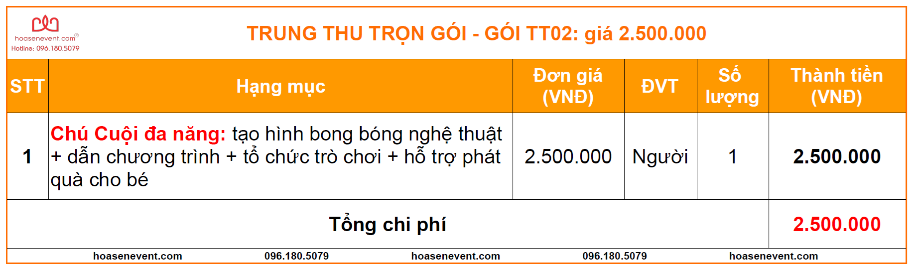 Báo giá tổ chức Trung thu trọn gói Báo giá tổ chức Trung thu trọn gói - Gói TT02