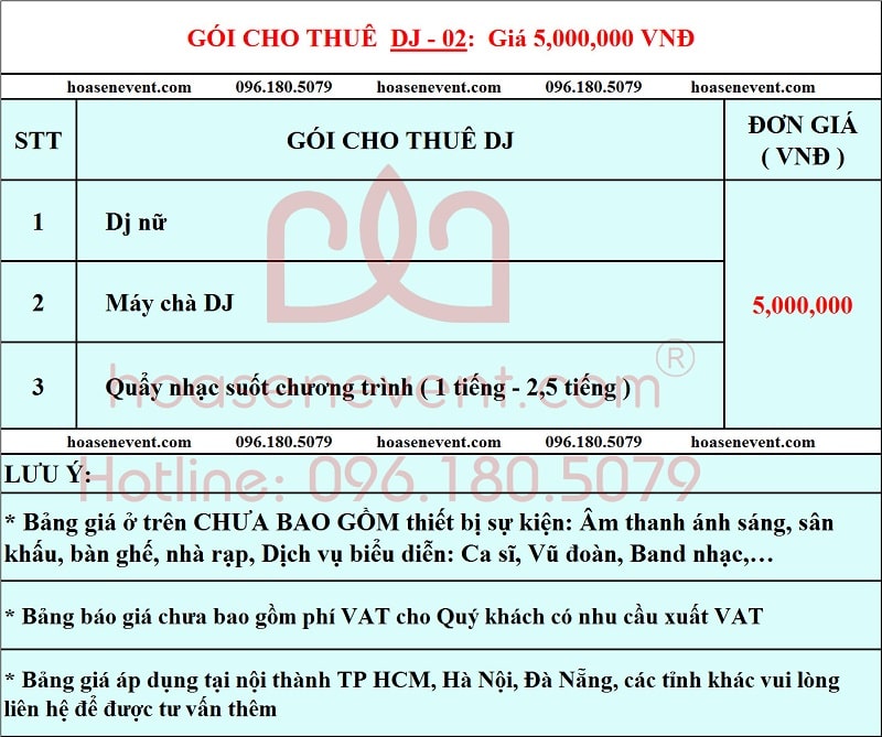 Báo giá cho thuê DJ gói 5,000,000 VNĐ