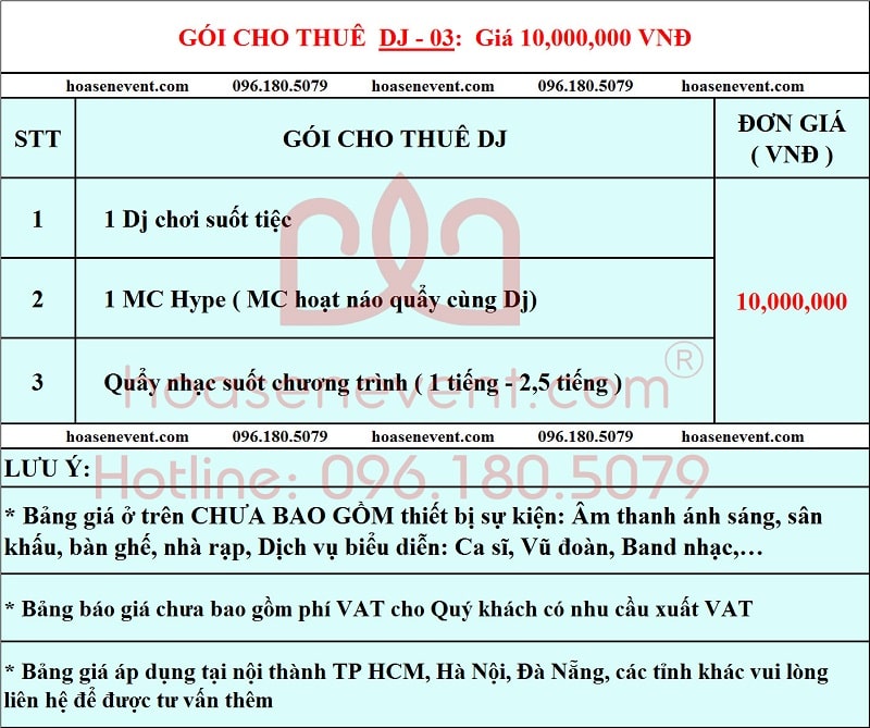 Báo giá cho thuê DJ gói 10,000,000 VNĐ