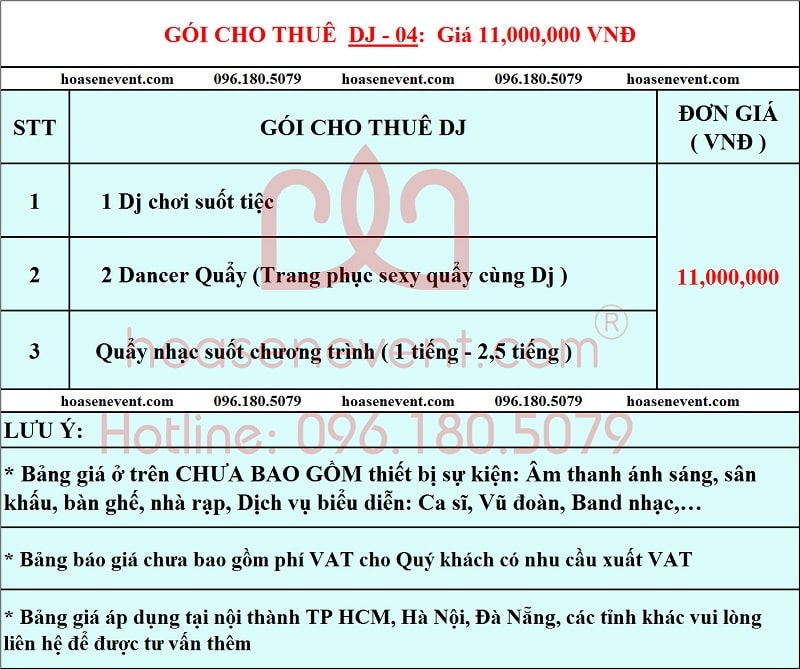 Báo giá cho thuê DJ gói 11,000,000 VNĐ